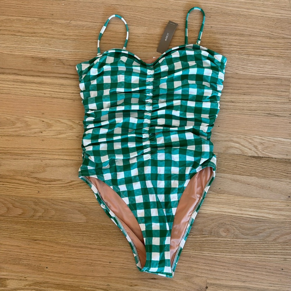 J.Crew Ruched Sweetheart One-Piece Swimsuit in Green Gingham
